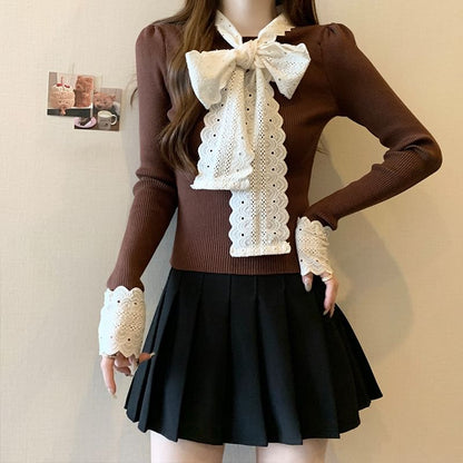 Ribbed Knit Tie-Neck Lace-Trim Sweater