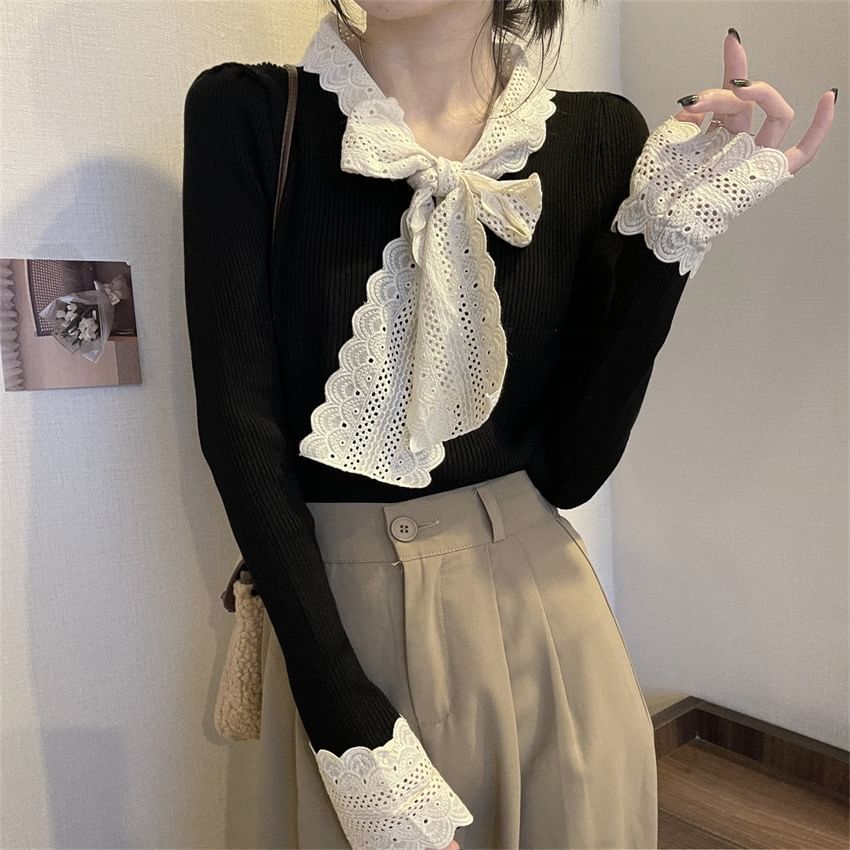Ribbed Knit Tie-Neck Lace-Trim Sweater