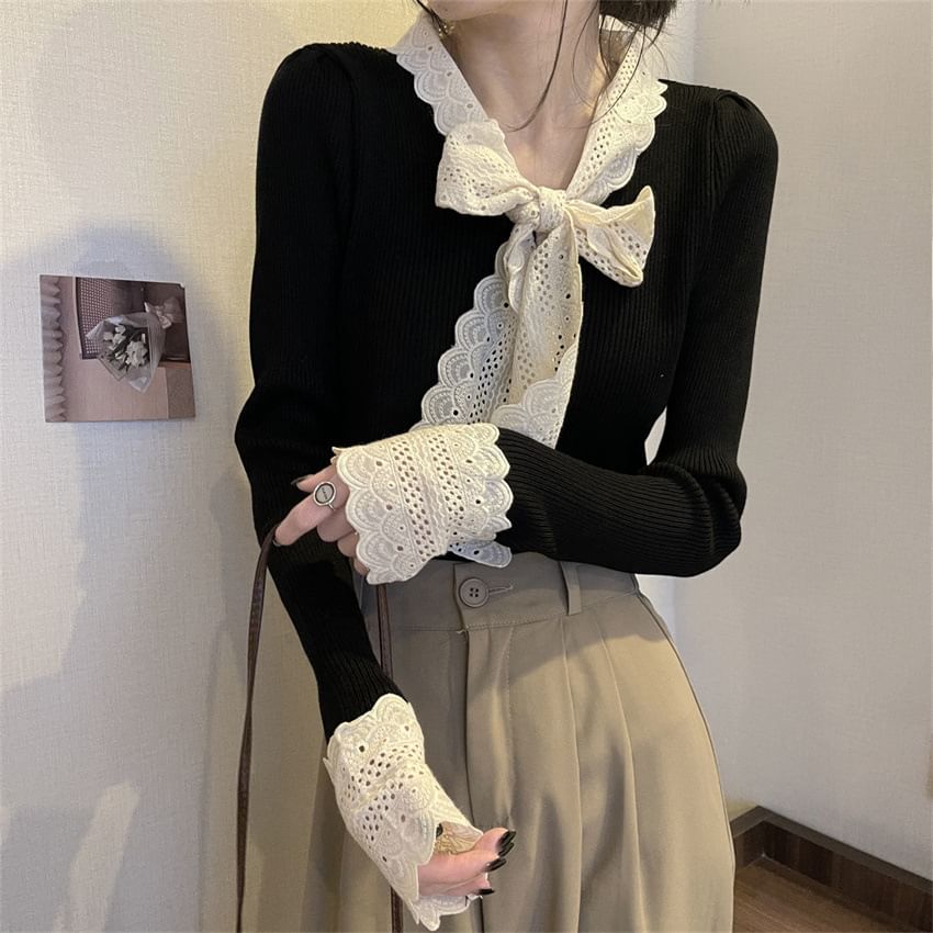 Ribbed Knit Tie-Neck Lace-Trim Sweater