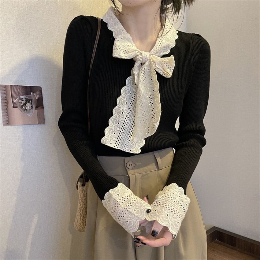 Ribbed Knit Tie-Neck Lace-Trim Sweater