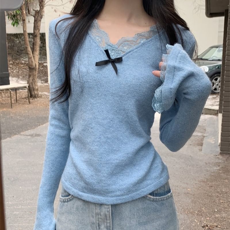 Bow-Trimmed Lace V-Neck Long Sleeve Knit Top