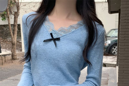 Bow-Trimmed Lace V-Neck Long Sleeve Knit Top