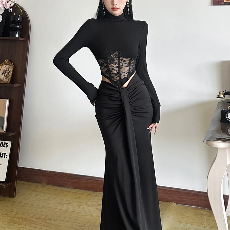 Fitted Mock Neck Lace Crop Top and Low-Rise Pencil Skirt Set