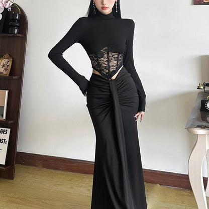Fitted Mock Neck Lace Crop Top and Low-Rise Pencil Skirt Set