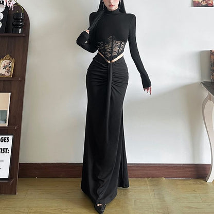 Fitted Mock Neck Lace Crop Top and Low-Rise Pencil Skirt Set