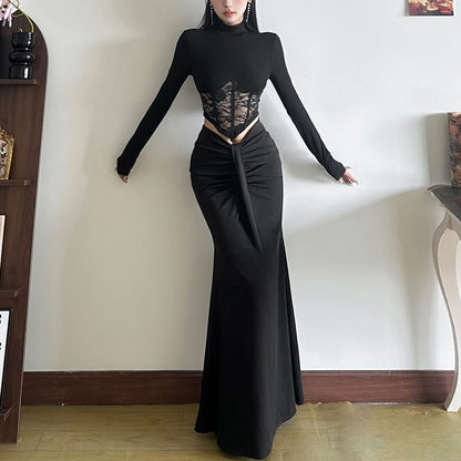 Fitted Mock Neck Lace Crop Top and Low-Rise Pencil Skirt Set
