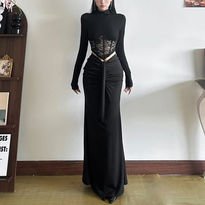 Fitted Mock Neck Lace Crop Top and Low-Rise Pencil Skirt Set
