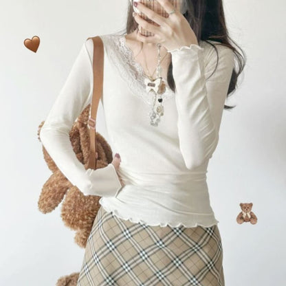 Classic V-Neck Lace-Trim Long-Sleeve Shirt
