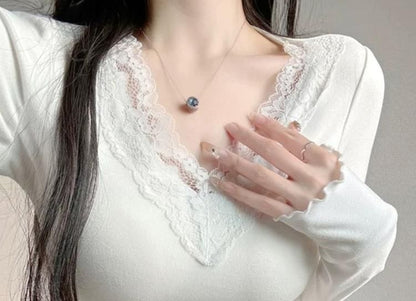Classic V-Neck Lace-Trim Long-Sleeve Shirt