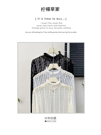 Ruffled Sheer Mock-Neck Lace Top