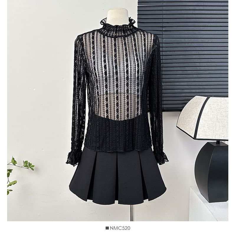 Ruffled Sheer Mock-Neck Lace Top