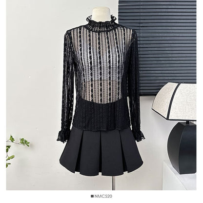 Ruffled Sheer Mock-Neck Lace Top