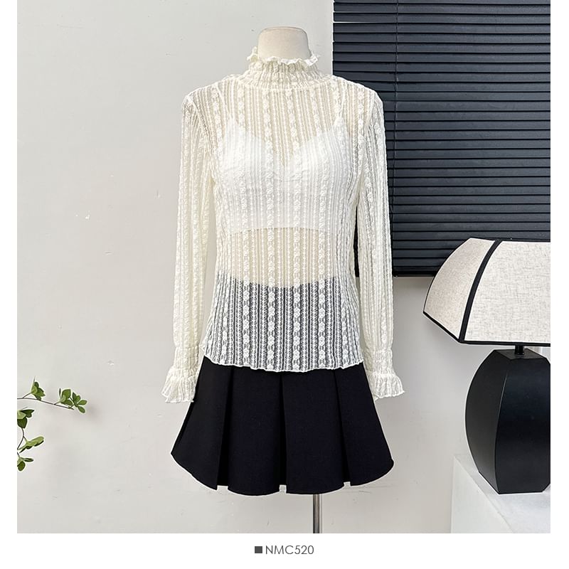 Ruffled Sheer Mock-Neck Lace Top