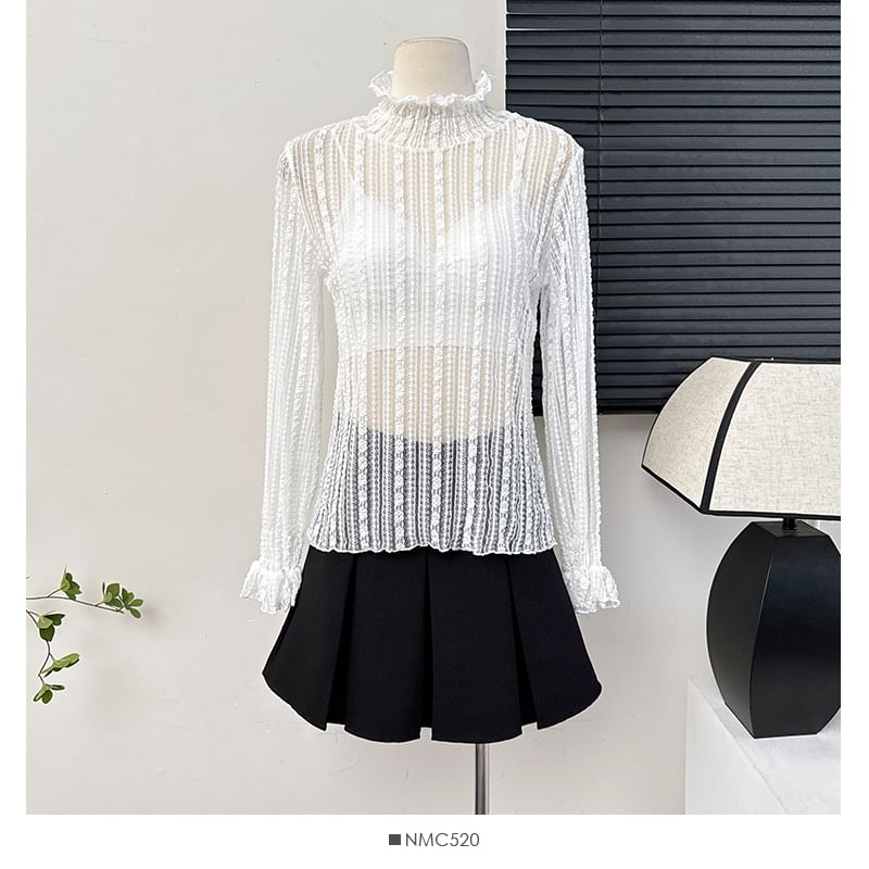 Ruffled Sheer Mock-Neck Lace Top