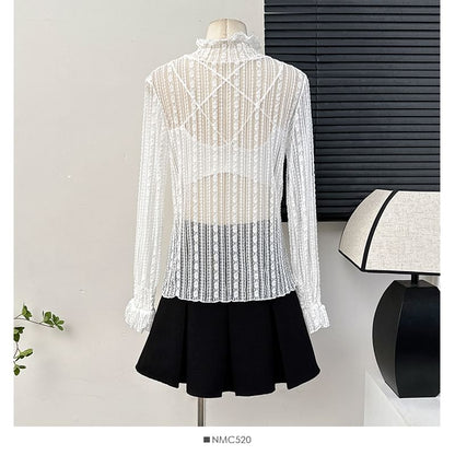 Ruffled Sheer Mock-Neck Lace Top