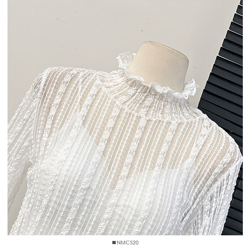 Ruffled Sheer Mock-Neck Lace Top