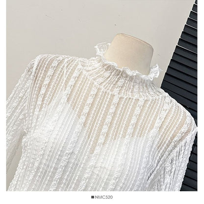 Ruffled Sheer Mock-Neck Lace Top