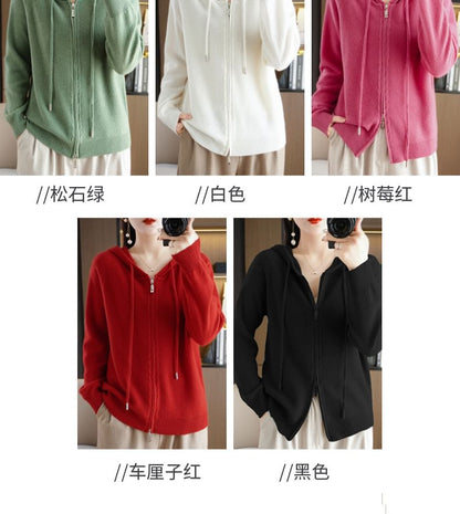 Ribbed Drawstring Hooded Zip Cardigan