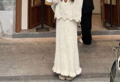 Hooded Lace Oversized Sweater with Midi Knit Skirt