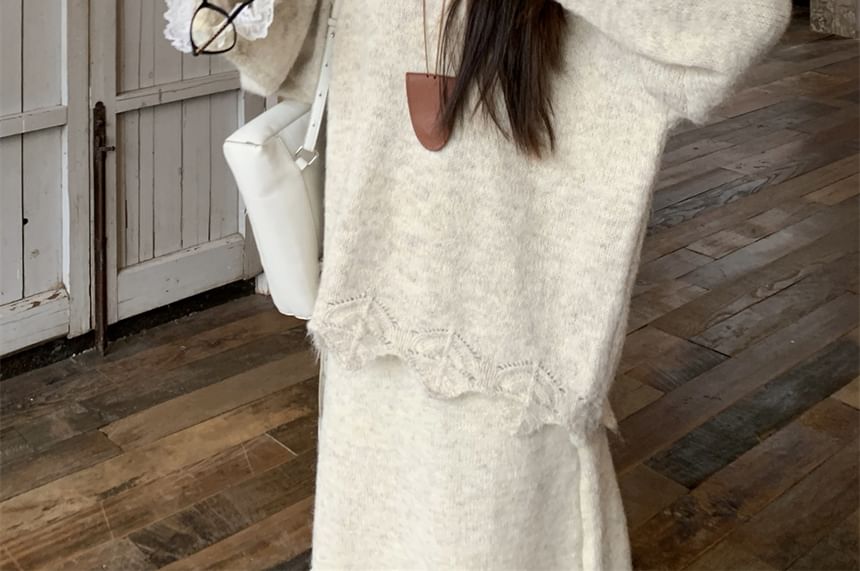 Hooded Lace Oversized Sweater with Midi Knit Skirt