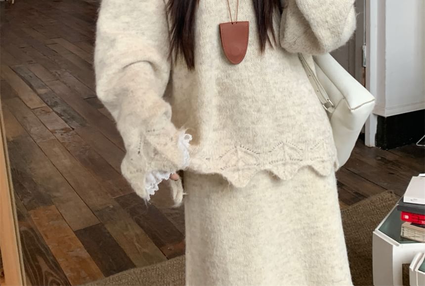Hooded Lace Oversized Sweater with Midi Knit Skirt