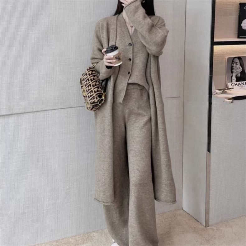 Sleeveless Vest, Wide Leg Pants & Open Front Cardigan Set