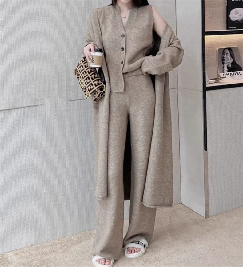 Sleeveless Vest, Wide Leg Pants & Open Front Cardigan Set