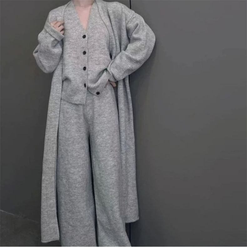 Sleeveless Vest, Wide Leg Pants & Open Front Cardigan Set