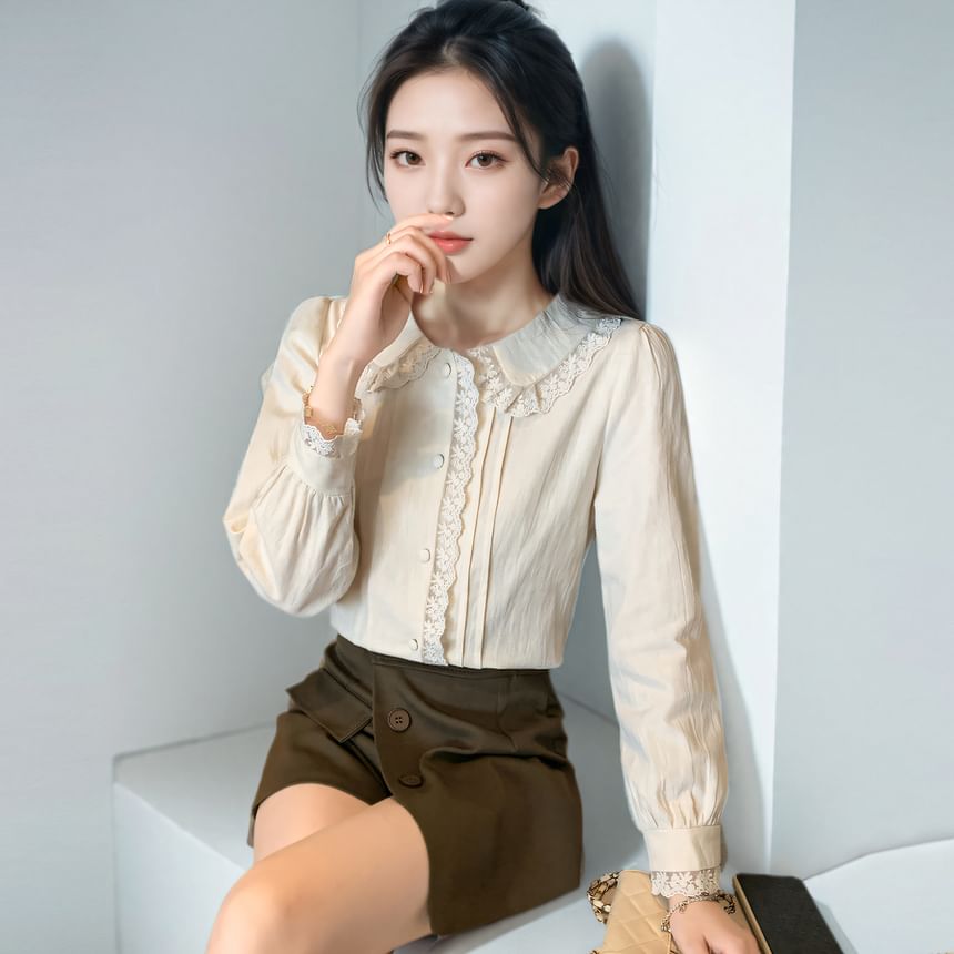 Pintucked Lace-Trim Long-Sleeve Blouse