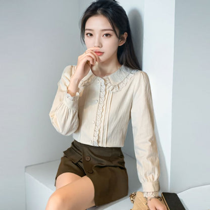 Pintucked Lace-Trim Long-Sleeve Blouse