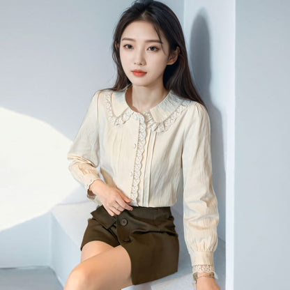 Pintucked Lace-Trim Long-Sleeve Blouse
