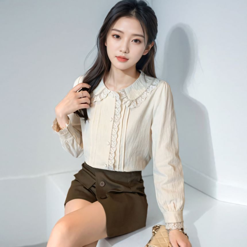 Pintucked Lace-Trim Long-Sleeve Blouse