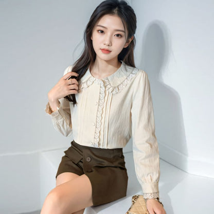 Pintucked Lace-Trim Long-Sleeve Blouse
