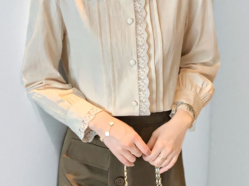Pintucked Lace-Trim Long-Sleeve Blouse
