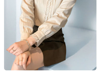 Pintucked Lace-Trim Long-Sleeve Blouse