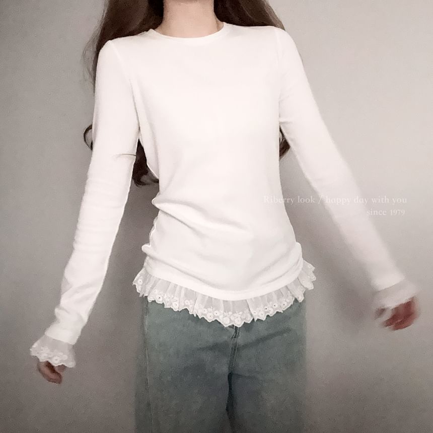 Round Neck Lace Accent Long-Sleeve Top