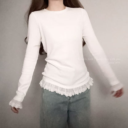 Round Neck Lace Accent Long-Sleeve Top