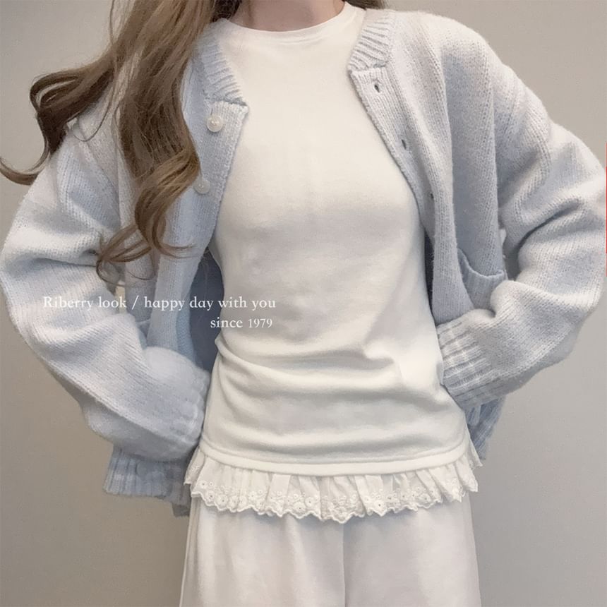 Round Neck Lace Accent Long-Sleeve Top