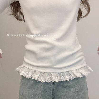 Round Neck Lace Accent Long-Sleeve Top