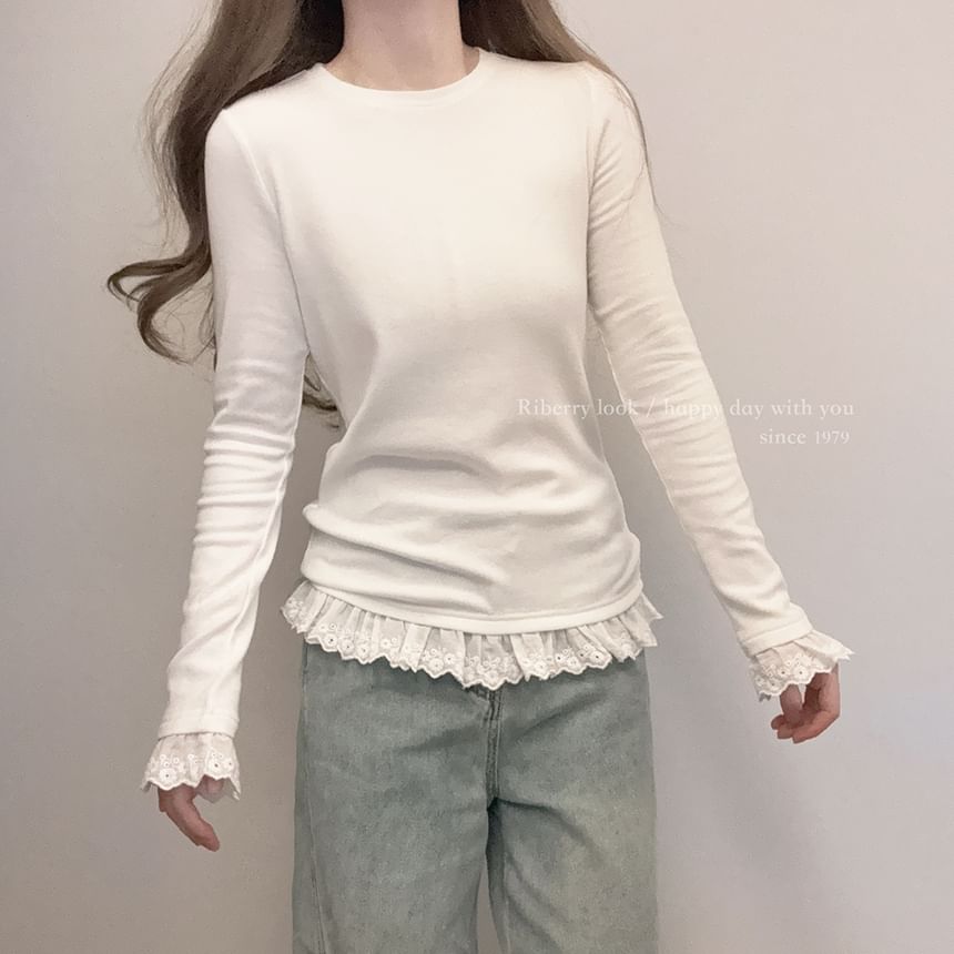 Round Neck Lace Accent Long-Sleeve Top