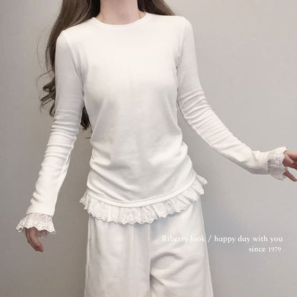 Round Neck Lace Accent Long-Sleeve Top