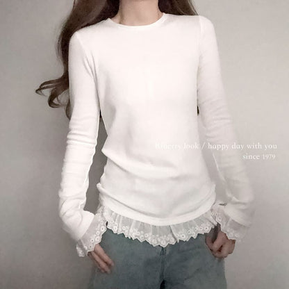 Round Neck Lace Accent Long-Sleeve Top