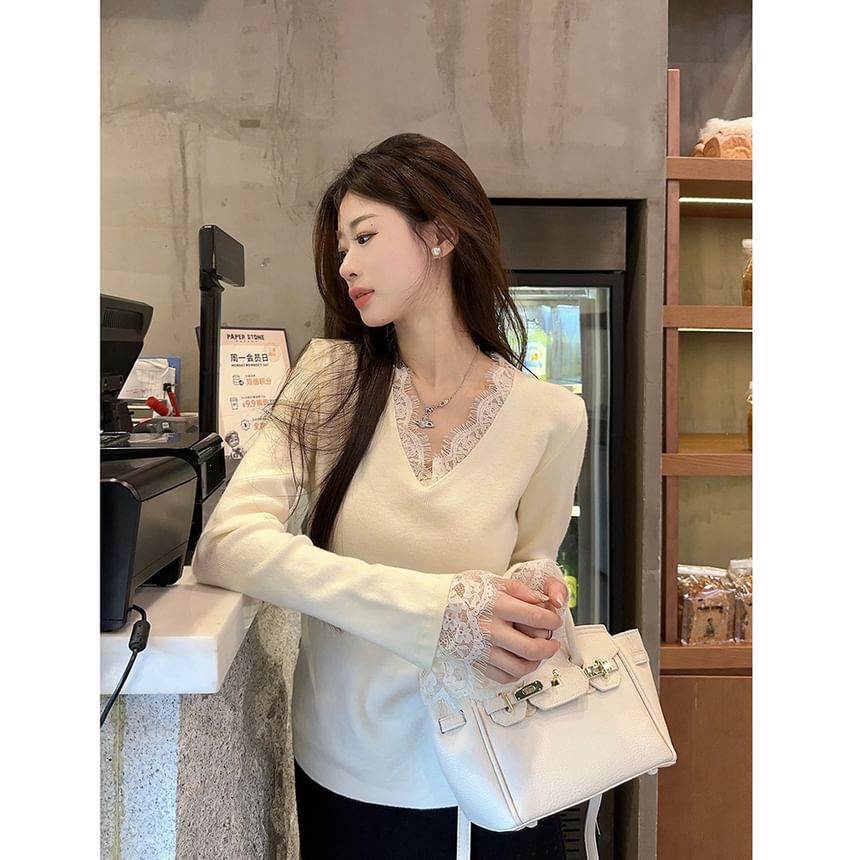 V-Neck Lace Panel Knit Long-Sleeve Top