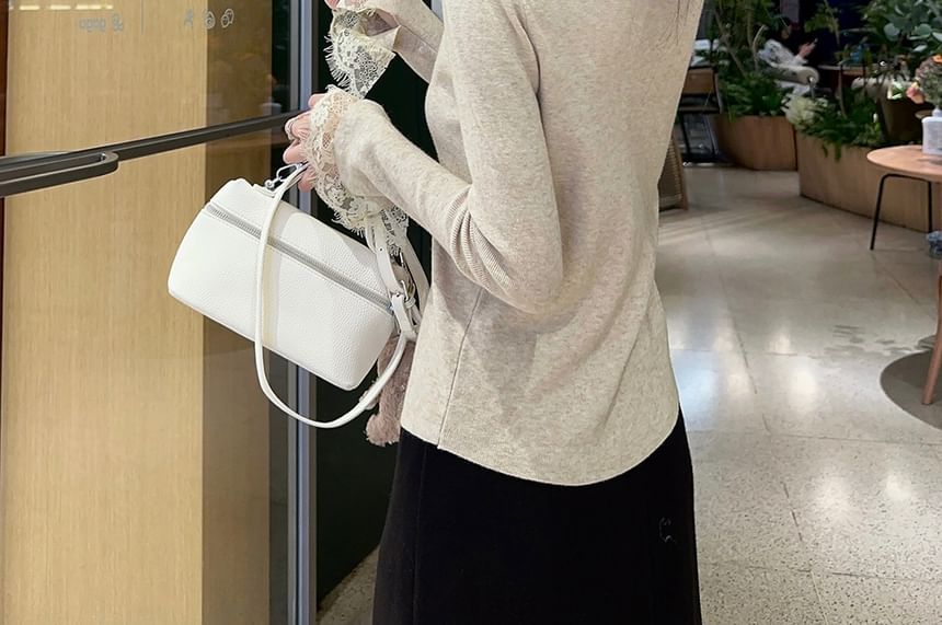 V-Neck Lace Panel Knit Long-Sleeve Top