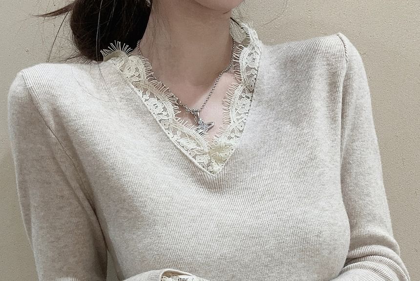 V-Neck Lace Panel Knit Long-Sleeve Top