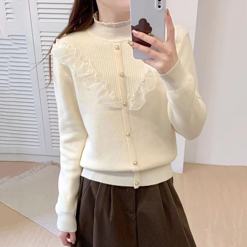 Pearl Accent Mock Neck Lace Frill Knit Top