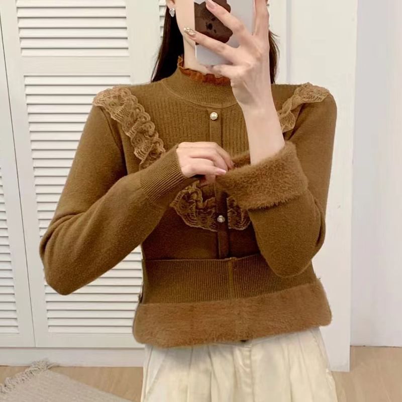 Pearl Accent Mock Neck Lace Frill Knit Top