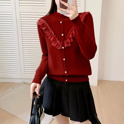 Pearl Accent Mock Neck Lace Frill Knit Top