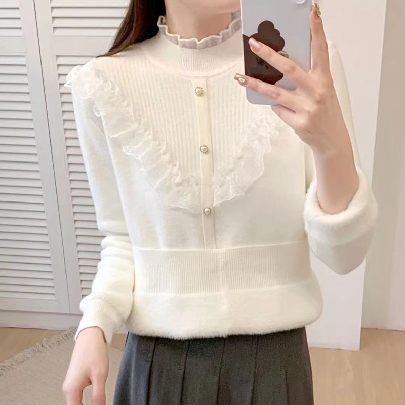 Pearl Accent Mock Neck Lace Frill Knit Top
