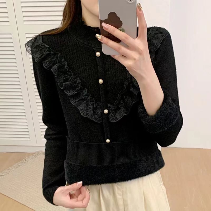 Pearl Accent Mock Neck Lace Frill Knit Top